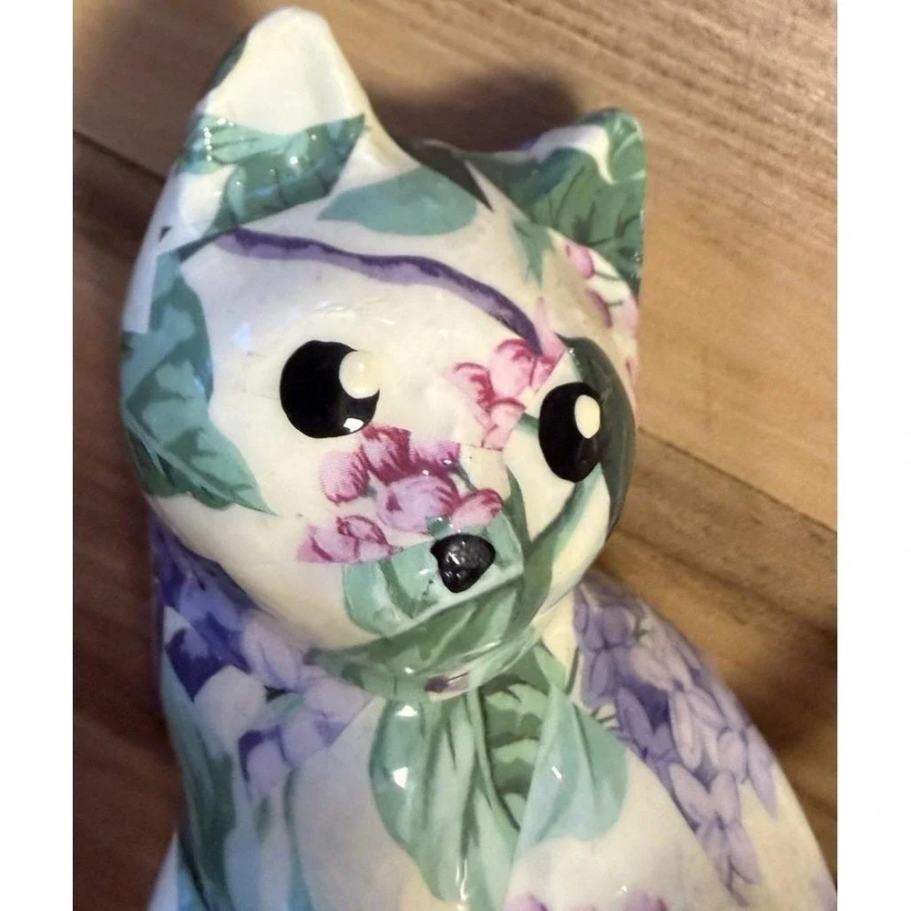 Handmade Floral Decoupage‎ Cat Figurine Made in Canada Ceramic Cottagecore Decor